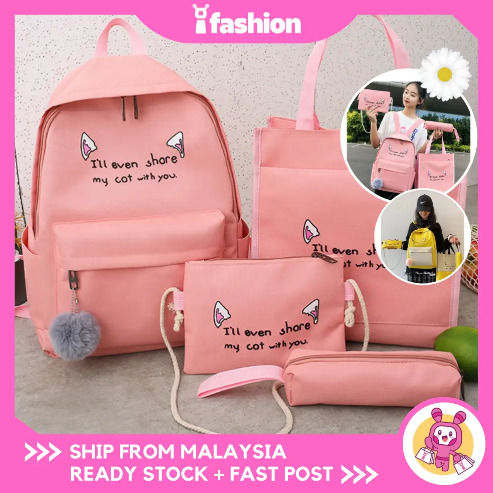 iFASHION 1217 READY STOCK 4 IN 1 Backpack Set Canvas School Student Bag Sekolah Women Handbag Tote Beg Pen Case Set 1217
