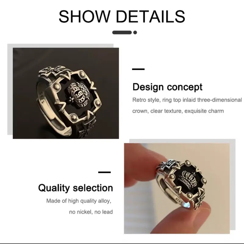 ￼Cincin Pria Mahkota Raja Gaya Retro HipHop Punk Model Terbuka 3