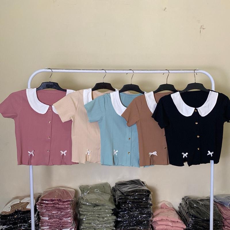 Aster croptop kerah collar kancing variasi pita aktif Nyaman Casual Atasan Pendek Wanita kerah bulat formal katun slit kancing gold Fit 0