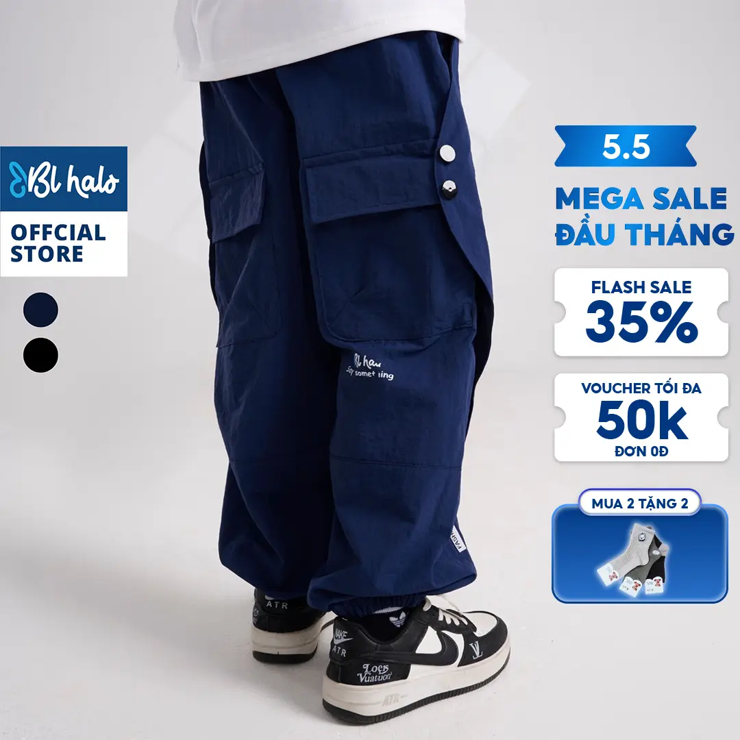 Quần Dài Bé Trai 8-38kg (2-9 tuổi) Quần Gió Túi Hộp BL HALO Dáng Rộng 2 Màu Vải Dù Phong Cách Thời Trang Năng Động QDG27
