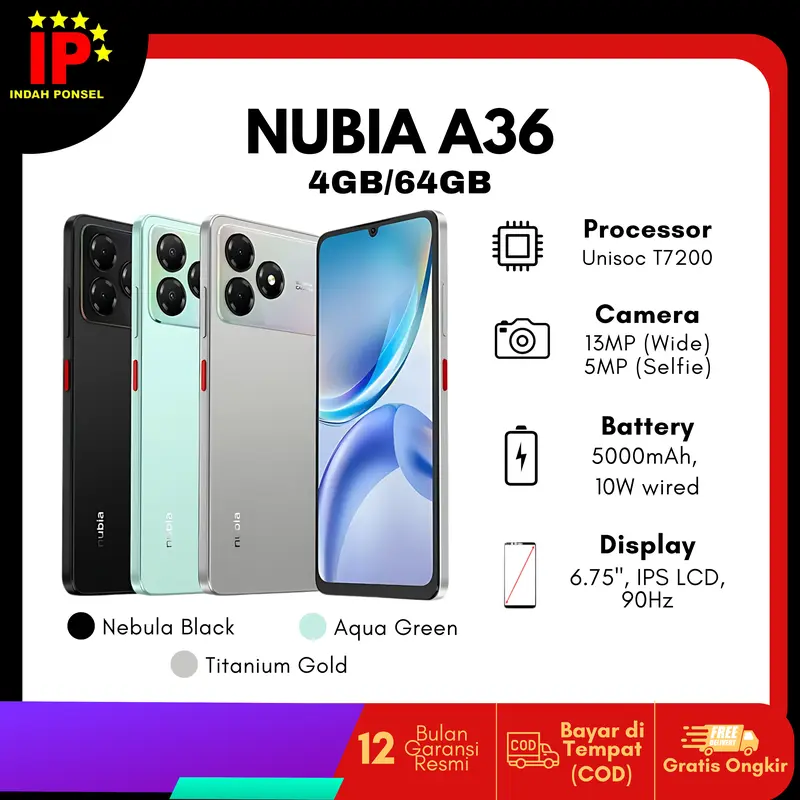 ZTE NUBIA A36 (4+8)GB/64GB Smartphone Kamera AI 13MP Garansi Resmi Nasional