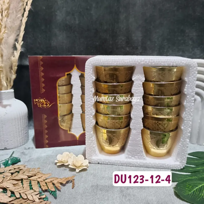 Gelas Air Zamzam GOLD Kaca Set 12 pcs Cucing Kabah Cucing Motif Gelas Cucing Air Zam Zam Gelas Gold Cucing Gold 1