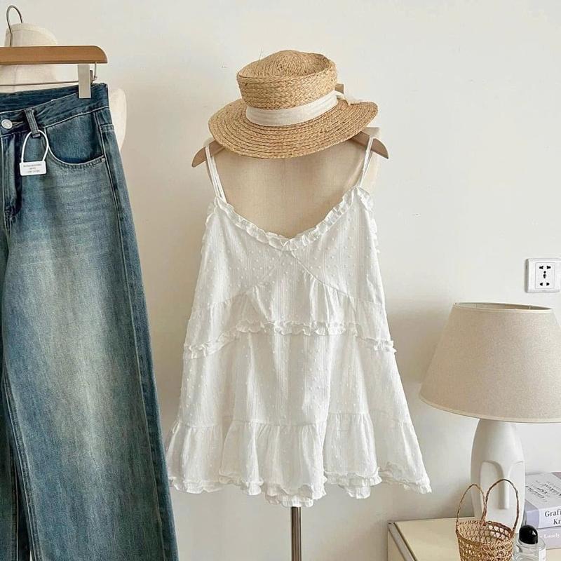 Áo 2 dây thô ren xô chấm bi cổ bèo trắng