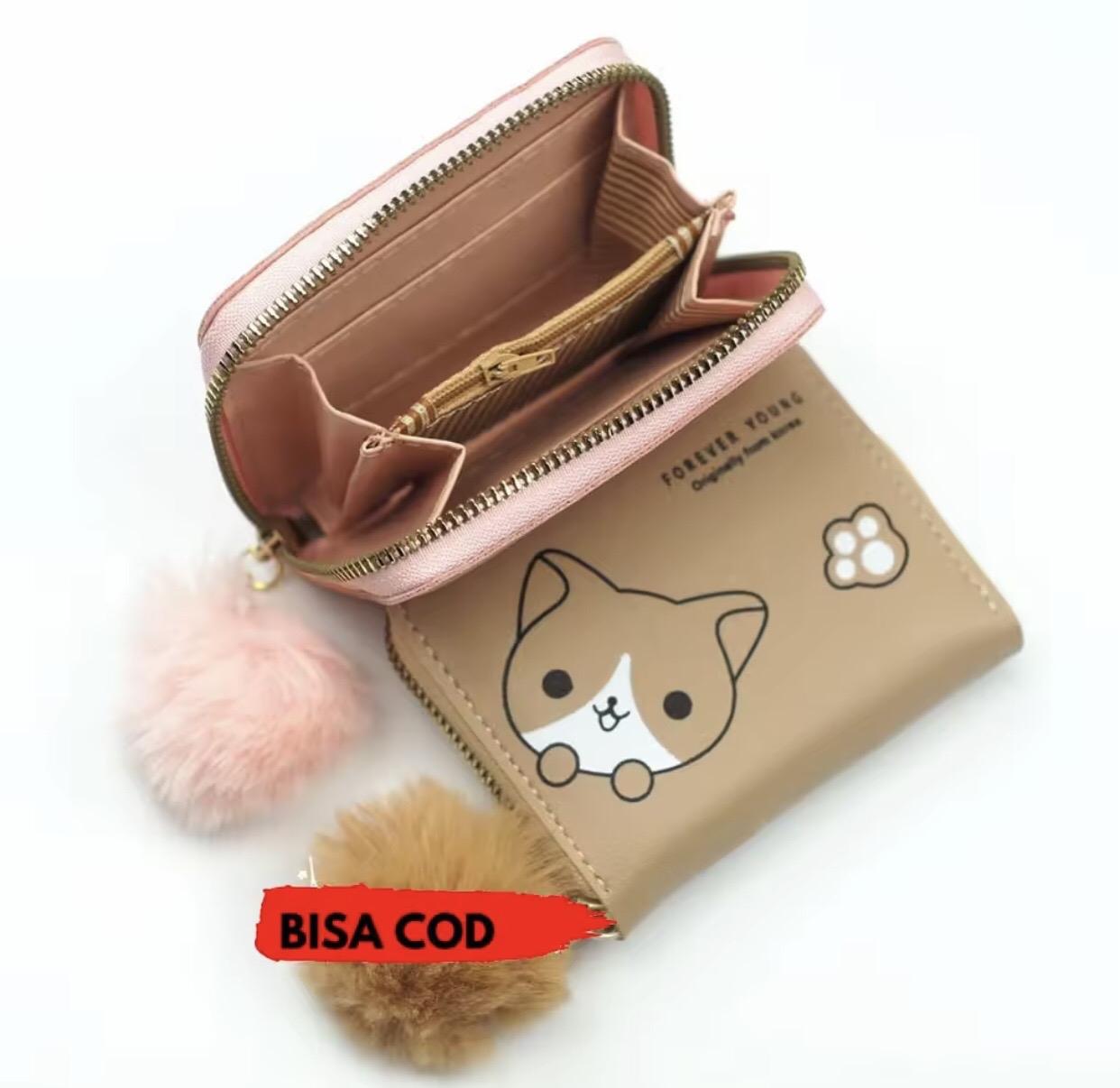 dompet wanita kecil/dompet lucu/dompet miow/dompet pompom/dompet pendek wanita Kulit Hitam