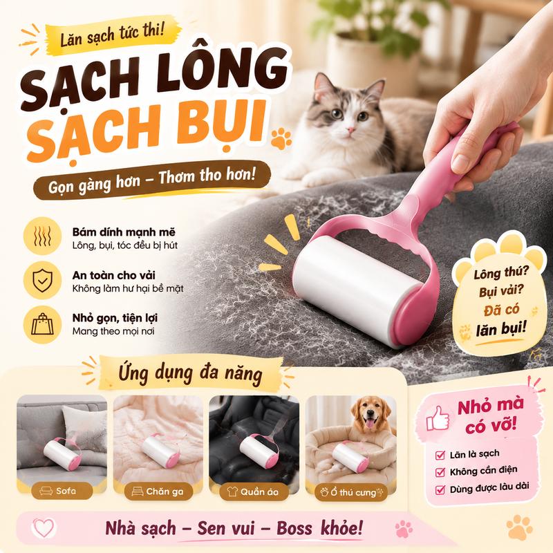 Con lăn dính bụi đa năng dùng trong nhà, ống lăn kèm giấy dính thay thế, làm…