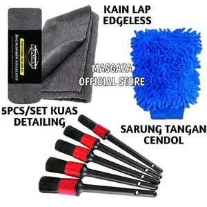 Paket 3in1 Kain Lap Edgeless - Sarung Tangan Cendol - Kuas Detailing Set 5 Pcs Cleaning