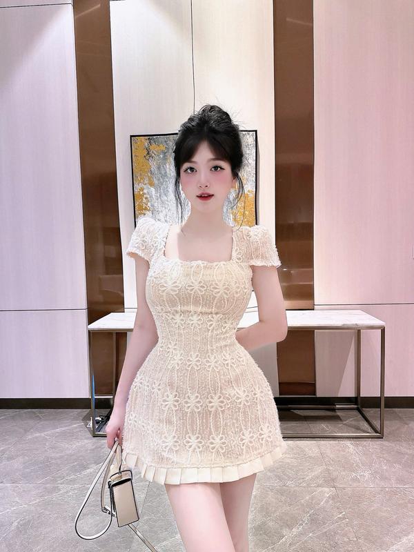 Váy Thiết Kế - Váy Ren Tay Cộc Chân Váy Dáng A Đầm Nữ