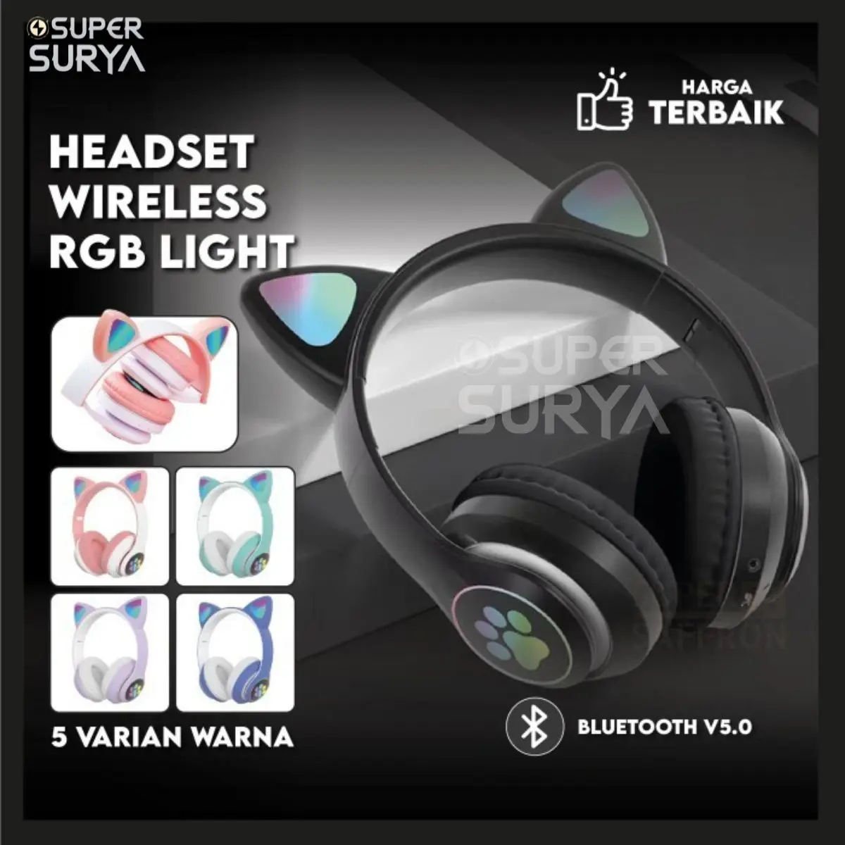 FOYUSHOP Headphone Bluetooth Telinga Kucing  Earphone LED Wireless Super Bass