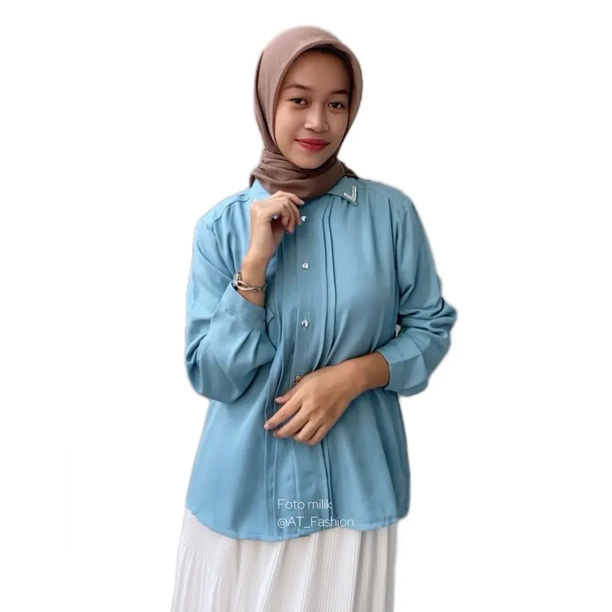ATFASHION Korean Blouse | Kemeja Kika Shakila Twill | Kemeja Kerja Slim-fitting | Kemeja Basic Casual Wanita | Atasan Kemeja Formal Kancing Silver |  Baju Cewek
