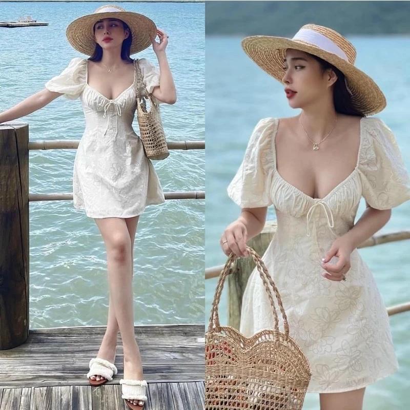   Bigsize nista  Đầm Váy Xô Thêu Hoa Nhún Ngực Tay Bồng Bigsize từ 60-90kg Đi Chơi Màu Hồng Màu Kem Women Nữ Dress Voan Váy thường mặc Váy dự tiệc 