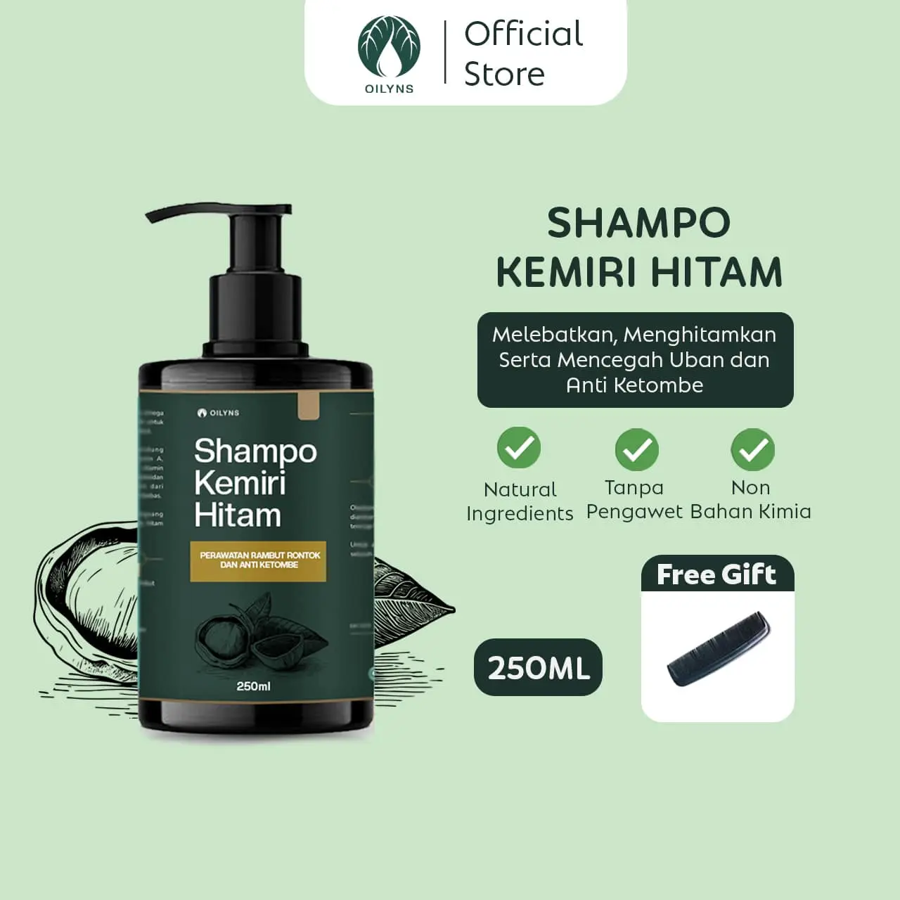 Oilyns - Shampo Kemiri Hitam 250ml - sampo Anti Rontok, Penghitam Uban, Penebal penumbuh Rambut, Mengatasi Ketombe, Haircare