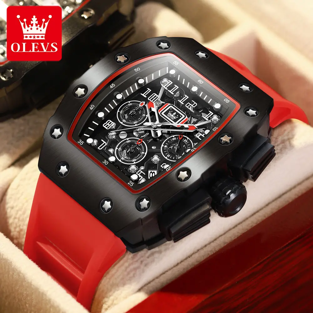 Original Brand OLEVS Watch for Men Waterproof Luminous Fashion Silicone Strap Sports Tonneau Skeleton Chronograph Analog Quartz  Man Wristwatch with Box 3608