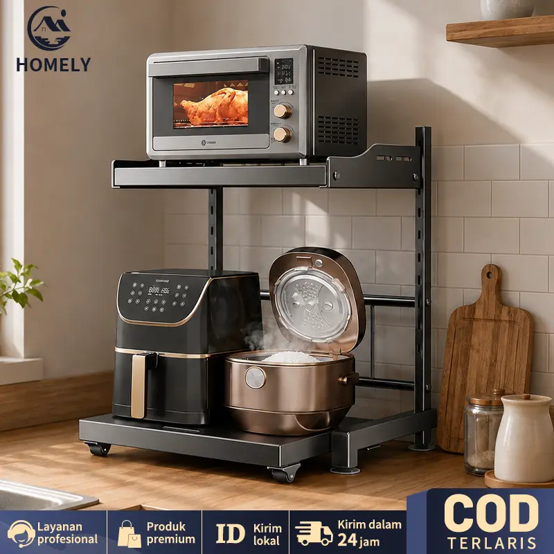 Rak Dapur 3 Tingkat Serbaguna Rak Microwave Oven Rice Cooker Air Fryer Rak Penyimpanan Baja Karbon