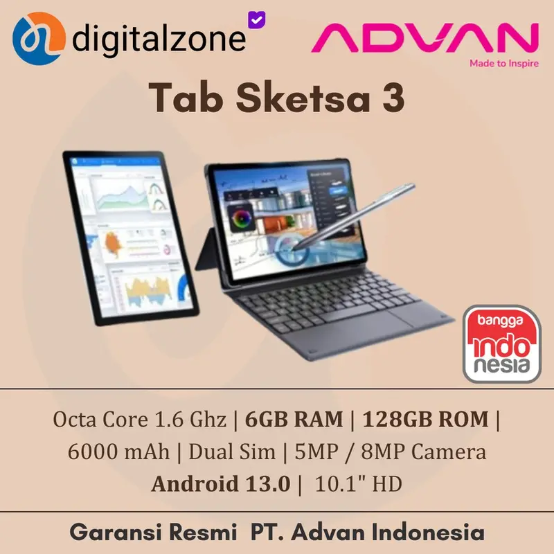 Advan Tab Sketsa 3 10.1” HD IPS 128GB+RAM 6GB Android Dual Sim Card - Garansi Resmi 0