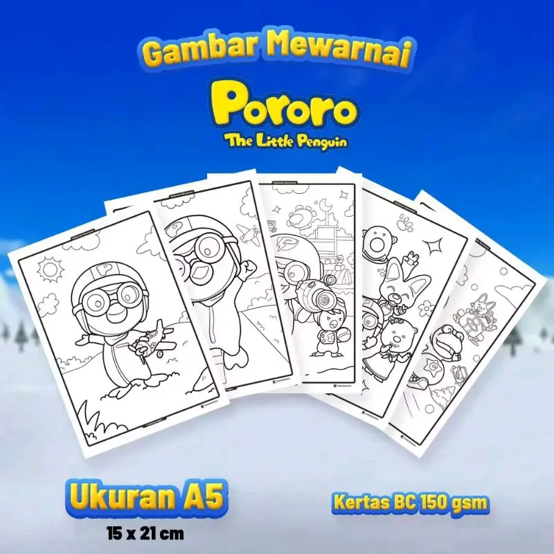 (20 pcs) gambar mewarnai pororo, gambar mewarnai anak art toys