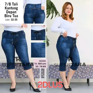 Celana Jeans Supertara Pendek 7/8 Bordir Bunga / Tali Kantong Depan Biru Denim Karet