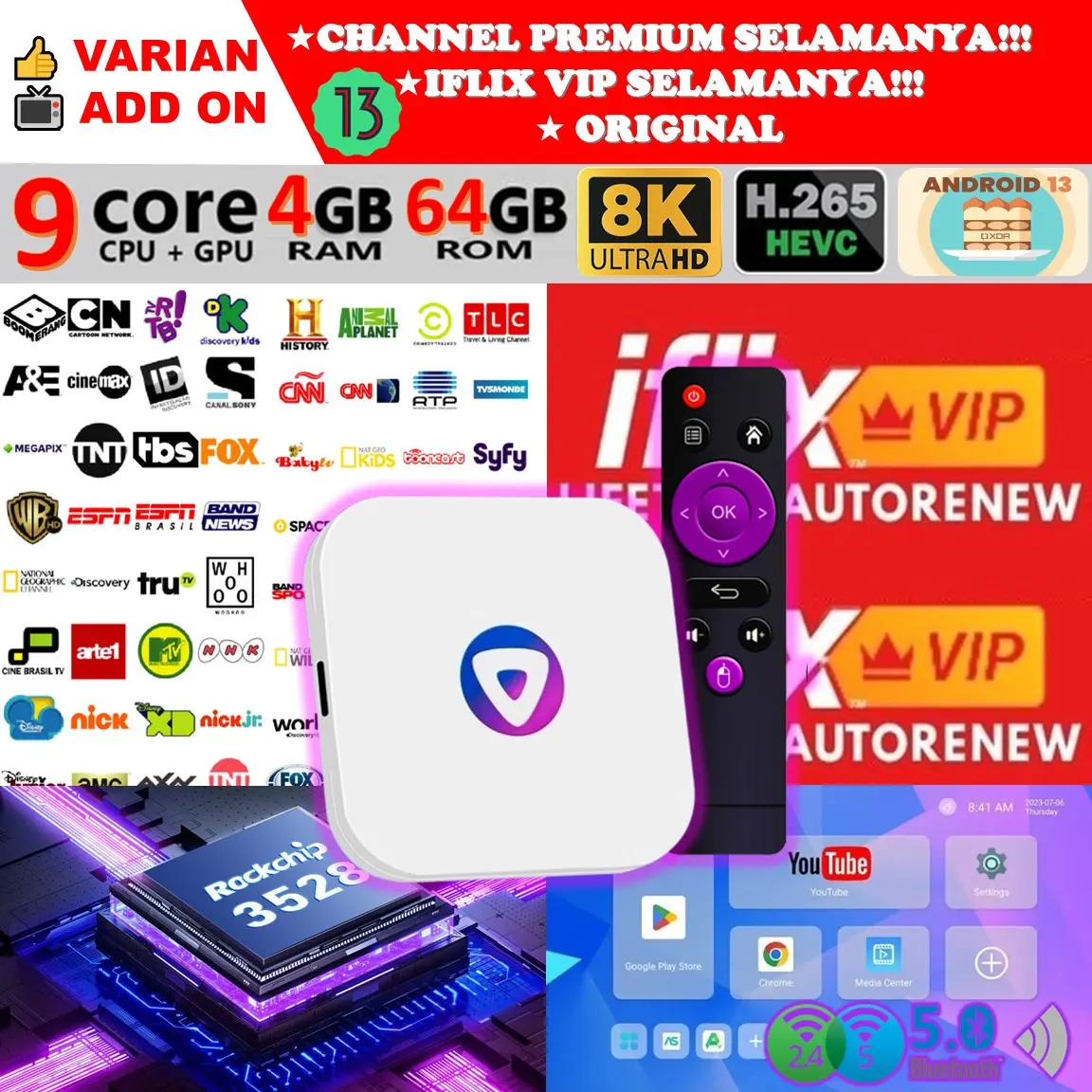 STB Android 13 Smart TV Box Android H96 Max M1 V13 Ram 4GB Rom 64GB 4/64 Unlock Full Channel TV Iflix Tanpa Bayar Bulanan GRATIS Rockchip RK3528 Quad Core Bluetooth