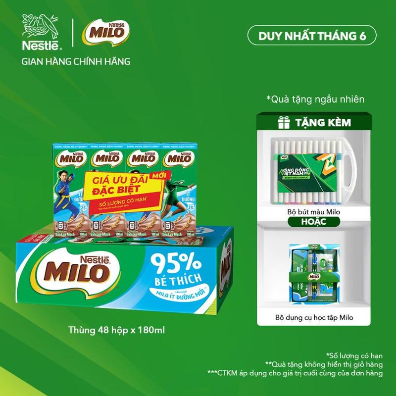 [Voucher giảm thêm đến 50k] Nestlé VN Sữa lúa mạch Nestlé MILO ít đường thùng 48 hộp x 180ml (12x4x180ml)-ST