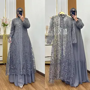 LESHIA Maxi Dress Gamis Pesta Mewah Elegan Set Outer Brokat Premium Baju Kondangan Wanita Kekinian Desain Modern dan Istimewa