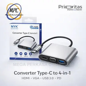 Converter NYK 4-in-1 C4 4IN1 Type C to HDMI 4K + VGA + USB 3.0 + Type C PD – Hub Adapter Laptop & Tablet