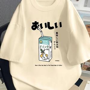 高級ファッション文字飲料プリント、女性用半袖Tシャツラウンドネック、ゆったり、純綿カジュアルトップス、ラウンドネック、ショルダーベルト、ゆったりシルエット、通気性、肩落ちデザインプリントTシャツ夏のゆったりタイプ