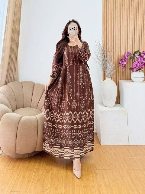 Gaun Gamis Wanita Elegan Motif Unik Cantik Lengan Panjang Bahan Tebal Nyaman untuk Acara Formal dan Santai