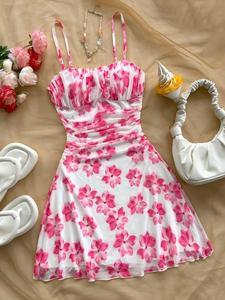 Vestido de verano para mujer, azul y floral, de malla, estilo vacaciones, hombros descubiertos, sexy y entallado, estampado integral, perfecto para el verano