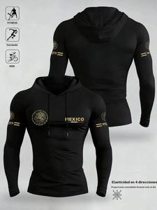 Camiseta de hombre con capucha y manga larga con estampado del águila de la bandera de México, tejido elástico cómodo, ropa deportiva casual para fitness al aire libre