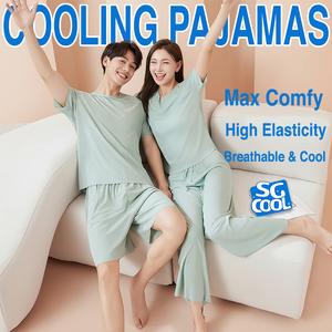 [Local Stock] Ice Silk Cooling Pajamas Set –Men Women Kids Aircon Sleepwear Couple Family Matching