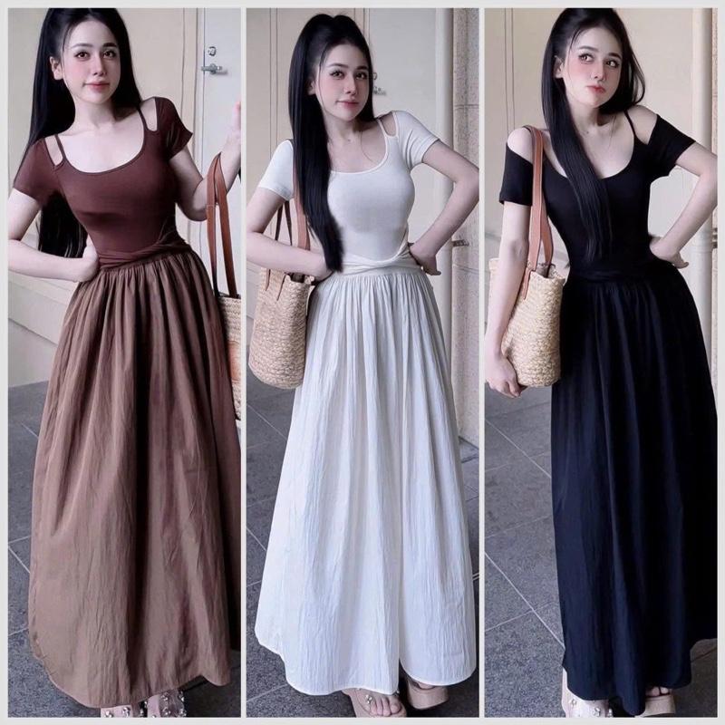  D71 Đầm Body Hở Vai Xoắn Giấu Bụng Freesize Có Độ Co Giãn Cho Nữ Màu Nâu Trắng Đen 