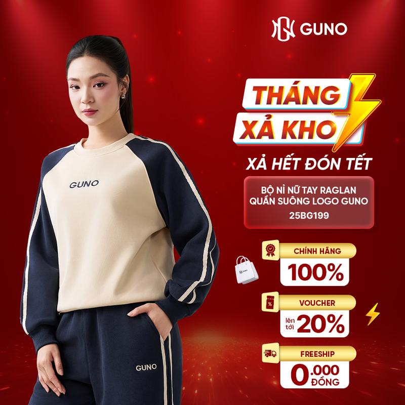  GUNO-Bộ quần áo nỉ lót lông NHUNG Nữ tay raglan quần suông logo Guno SP5 |25BG199 