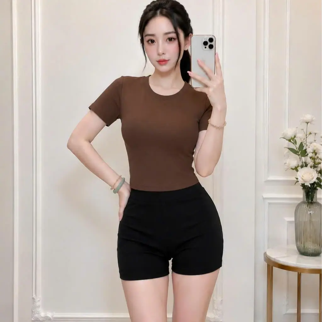 Áo Thun Crop Top Tay Ngắn Chất Borip Mềm Mịn Mặc Mát Cổ Tròn Nữ Women Voi Tone Màu Đa Dạng Co Giãn 4 Chiều Frill Xinh Xắn