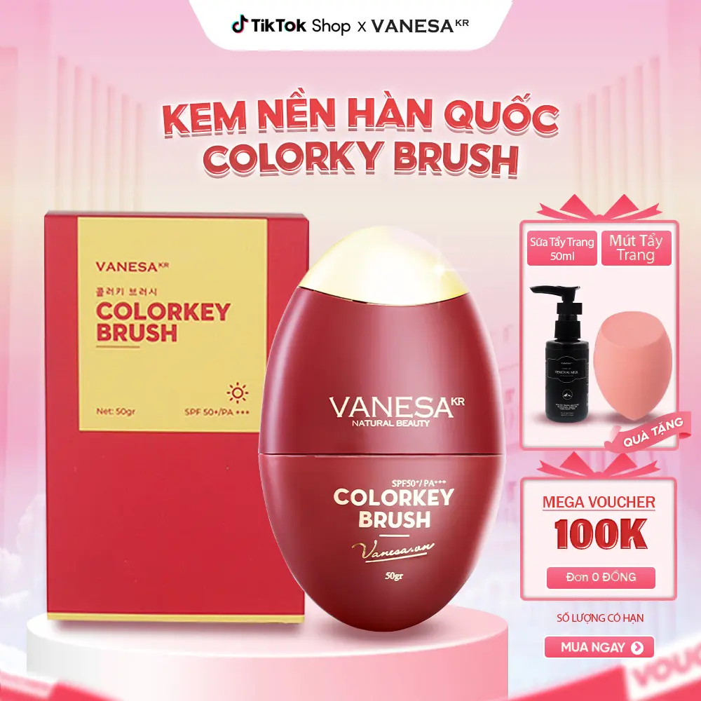 Kem nền trang điểm BB Colorkey Brush Vanesa 50g che khuyết điểm đầu mút siêu tiện lợi, kiềm dầu, lâu trôi cho lớp nền mỏng mịn