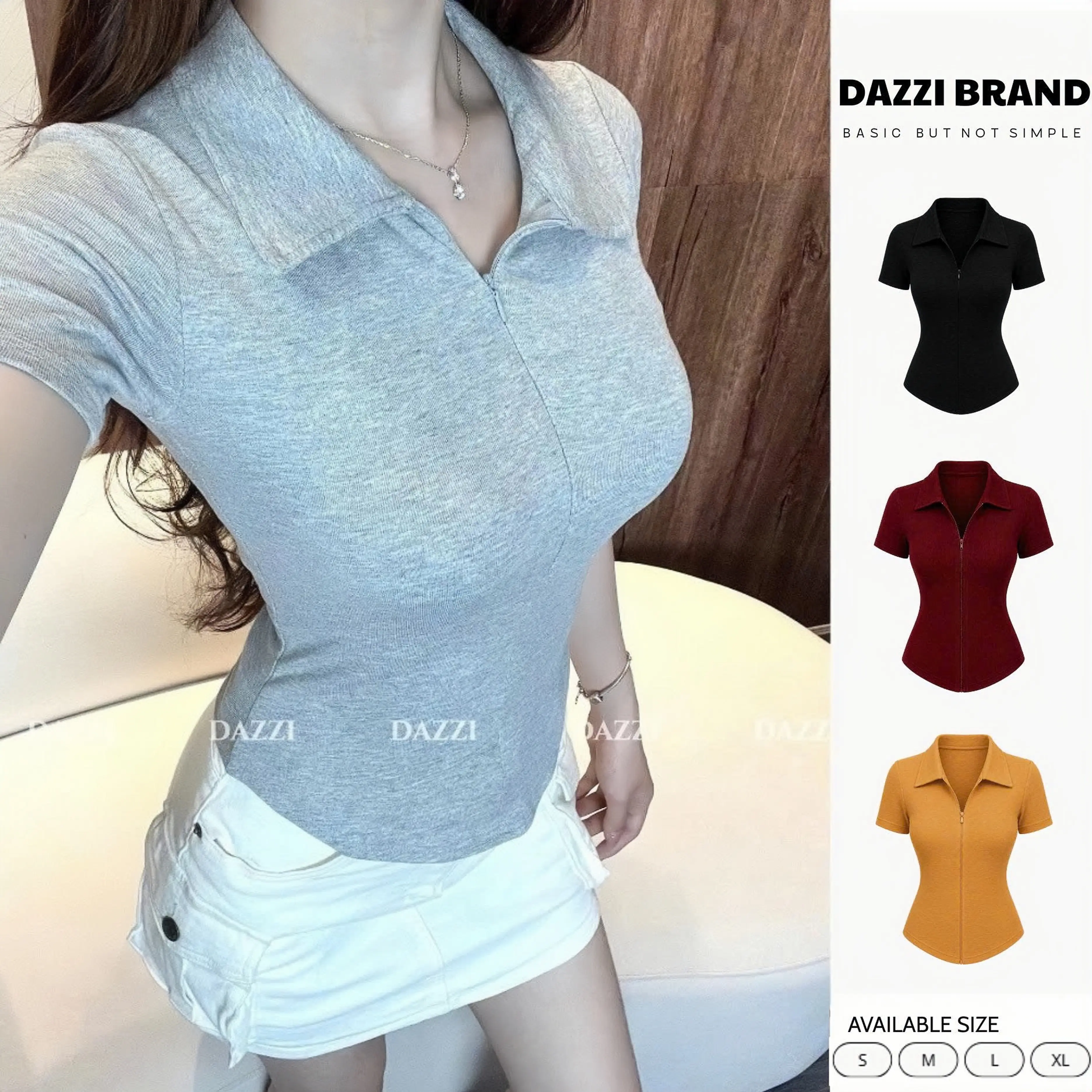 [MÀU MỚI 2026] Áo thun nữ cổ bẻ phối dây kéo ôm dáng vải cotton mịn DAZZI Polo Women A022