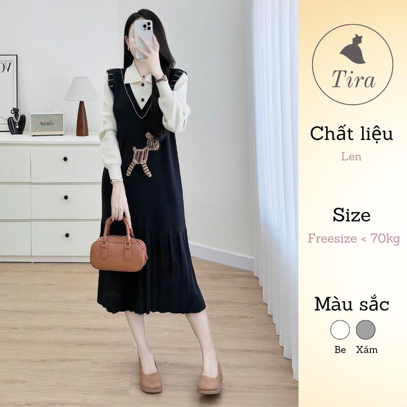   Tira Mama Design M296 Váy bầu công sở dài tay Váy len mtg thu đông Váy len chân ly thêu chó phối tay 