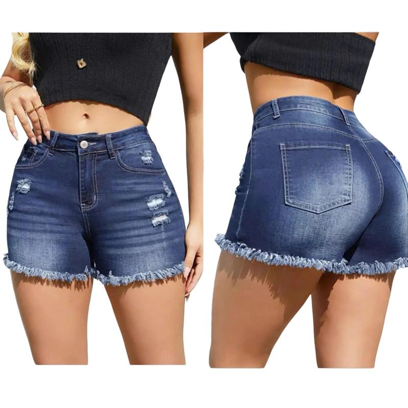  Quần Short Jean BigSize Rách Lưng Cao Co Dãn Mạnh Tua Lai 0161 0162 60kg-90kg Nữ Denim Pants Nữ Denim Women quần  jean đùi Tua Rua Kem 