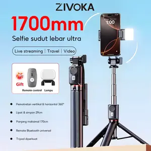 (Gratis  100%Asli Lampu Pengisi) ZIVOKA Tongkat Swafoto 1700mm Tripod Seluruh Tubuh Mini Tripod Portabel dengan Remote Control Tripod Bluetooth untuk Ponsel Perjalanan Luar Ruangan - ZT02