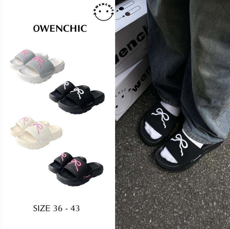 Dép Owenchic Thêu Nơ Quai Ngang Lót Bông Nam Nữ Đế Bằng Êm Chân Kèm Hộp - Bảo Hành - hỗ trợ đổi size (OWC6) Owenchic