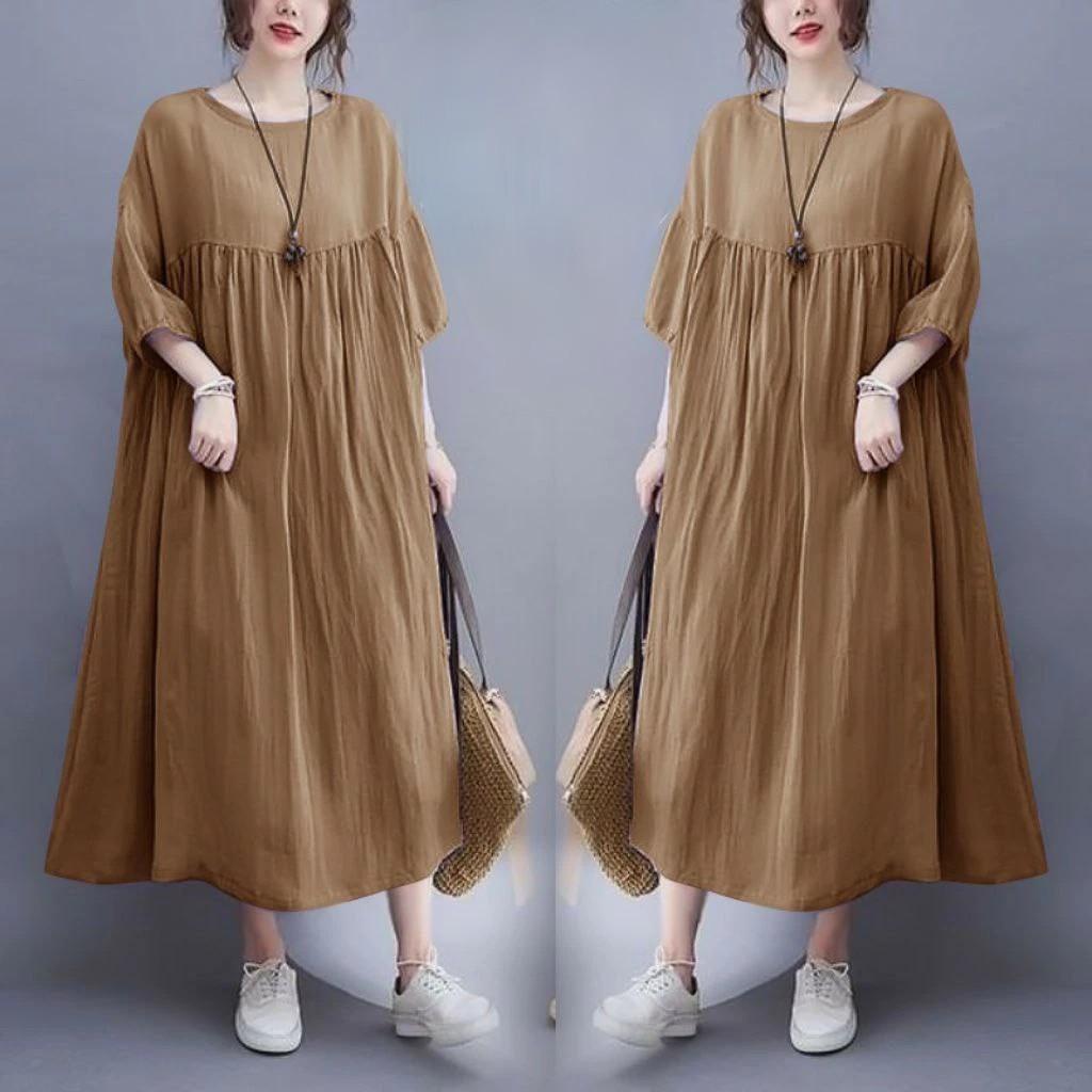 Davina Dress Jumbo Rayon remium lengan karet 7/4 dress midi oversize korean style Casual Wanita Nyaman Basic Katun Gaun Panjang Formal