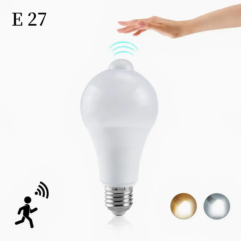 Bóng đèn LED cảm biến chuyển động, E27, 12W, siêu sáng, ánh sáng vàng và trắng, công tắc tự động, cảm biến hồng ngoại của con người, Thích hợp cho nhà để xe, hành lang, cầu thang, phòng tắm, phòng lưu trữ, ánh sáng cảm ứng 0
