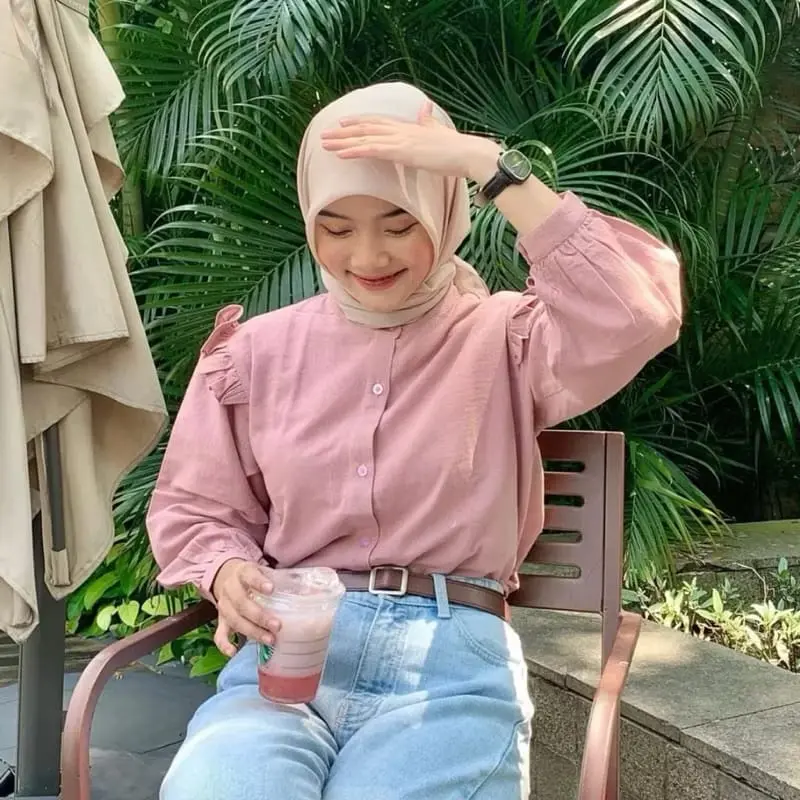 Yurim Blouse Ruffle - Atasan Wanita - Kemeja Linen Basic Lengan Panjang/blouse kemeja linen lengan Balon 1