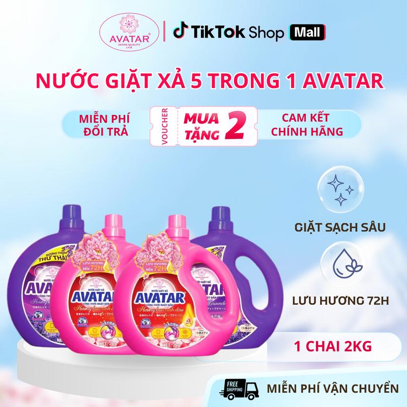  MUA 2 TẶNG 2  Nước Giặt Xả Avatar Hương Lavender & Hoa Anh Đào 2kg - Làm Sạch Sâu Hiệu Quả Lưu Hương 72h Dịu Nhẹ An Toàn Cho Da Bền Màu 5 trong 1: Khử Mùi Sạch Sâu Mềm Mịn Vải 