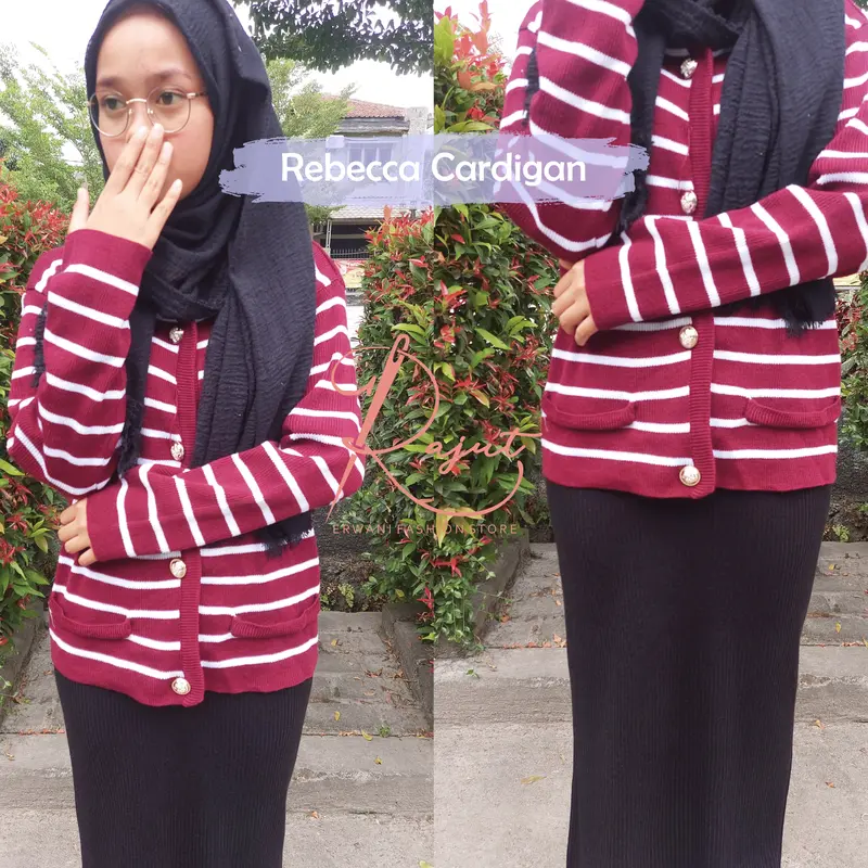 Rebecca Cardigan Rajut Wanita Motif Setrip Salur Lengan Panjang Bahan Akrilik Premium Kardigan Outer Retro Knitwear Atasan Nyaman 2