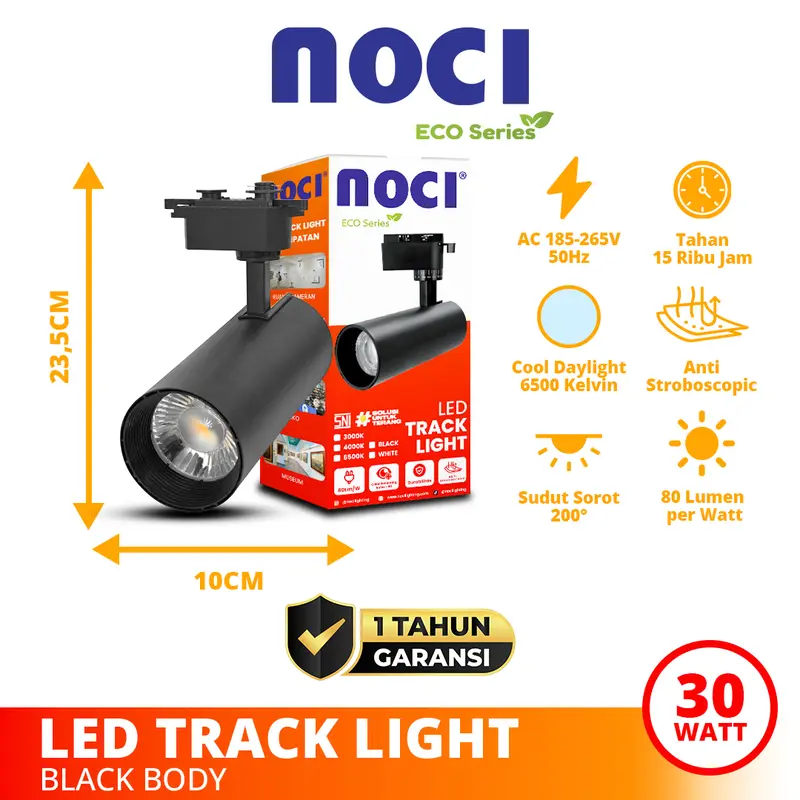 Noci Eco Series Lampu Sorot Rel LED Track Light 10-30 Watt Cahaya Kuning 3000K/Putih 6500K Warna Bodi Hitam/Putih Super Terang Hemat Daya