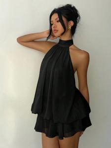 Vestido de mujer para vacaciones, corte entallado, sexy, sin espalda, halter con lazo en la cintura, versátil, color sólido, elegante y cómodo para el verano