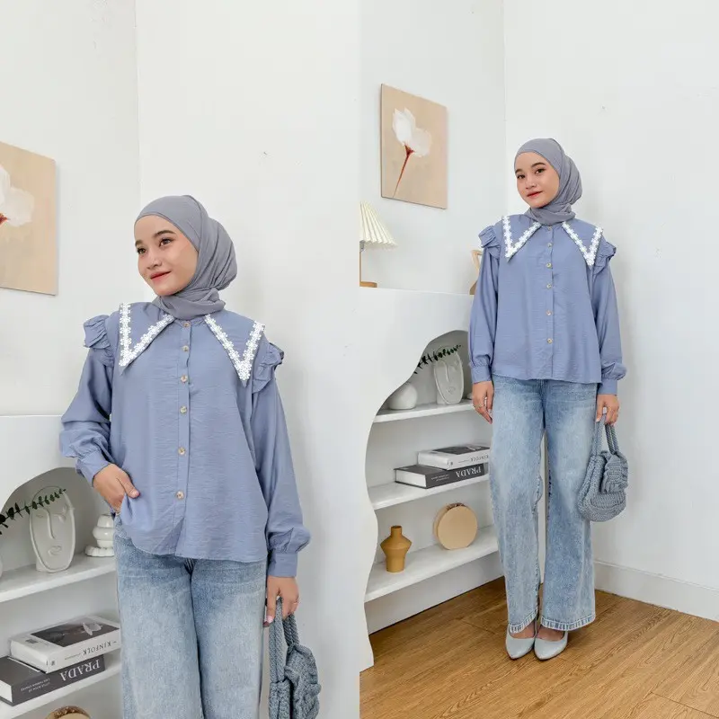 Blouse Wanita Lengan Panjang Kerah Renda Polo Linen Leora