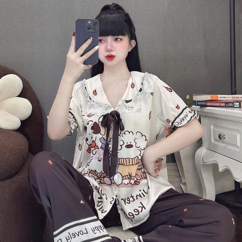 Size 60-75kg-Bigsize Đồ Bộ Nữ Tay Ngắn Quần Dài Tiểu Thư In Full Họa Tiết 5D Queen Mềm Mát Mặc Nhà Cao Cấp Women Áo Quần Ngủ Voi Sen Kem