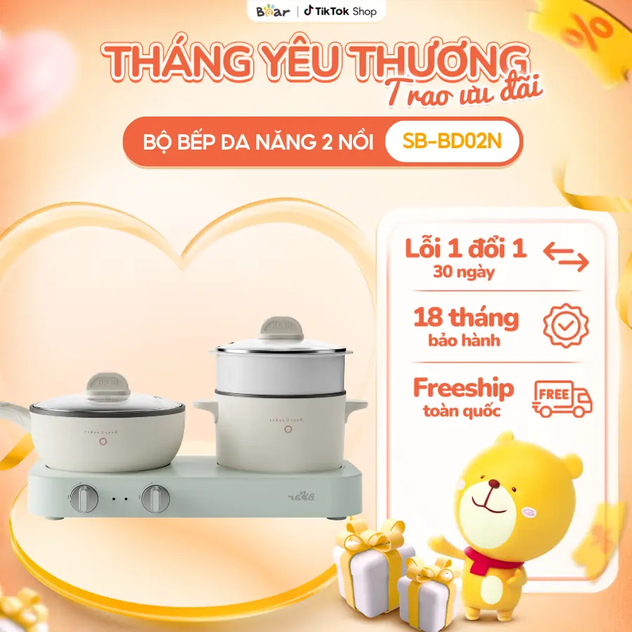[Giá Hời] Bộ Bếp Điện Đôi BEAR Đa Năng Chiên Nấu Xào Tiết Kiệm Điện Chống Dính Nấu Ăn An Toàn Chính Hãng SB-BD02N