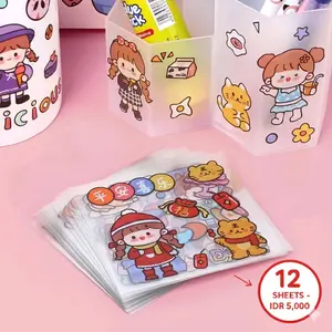 12PCS Stiker Motif Kartun Korea Lucu Anti Air Dekorasi Handbook Scrapbook DIY Sticker Transparan