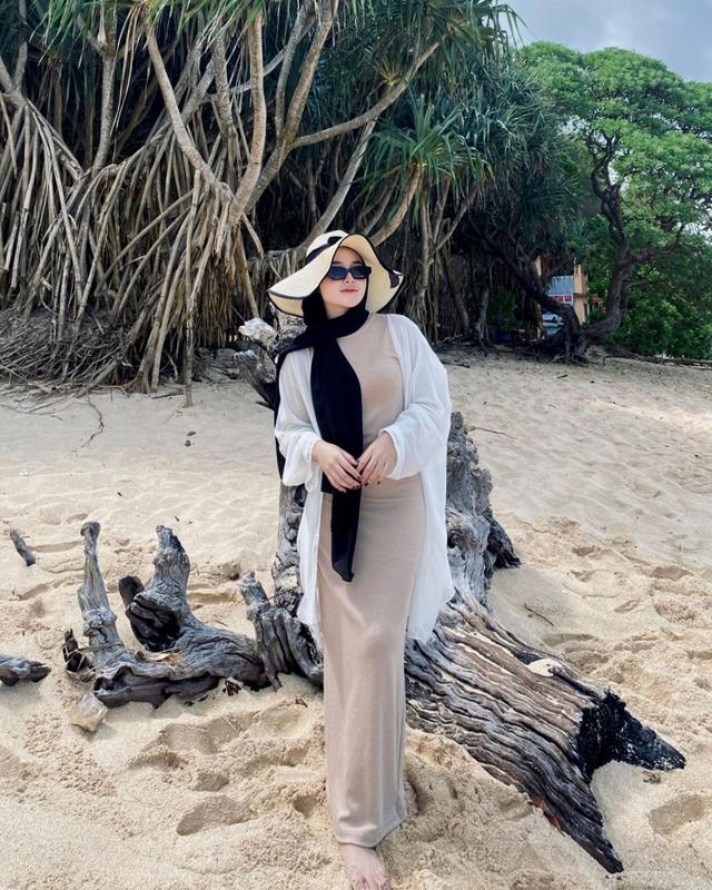 Style One set OOTD 3in1 Wanita Kekinian Long Dress Knit & Topi pantai lebar list hitam MIX Cardigan Outer Cardy Premiun Kualitas Bagus Polos Nyaman Panjang 8